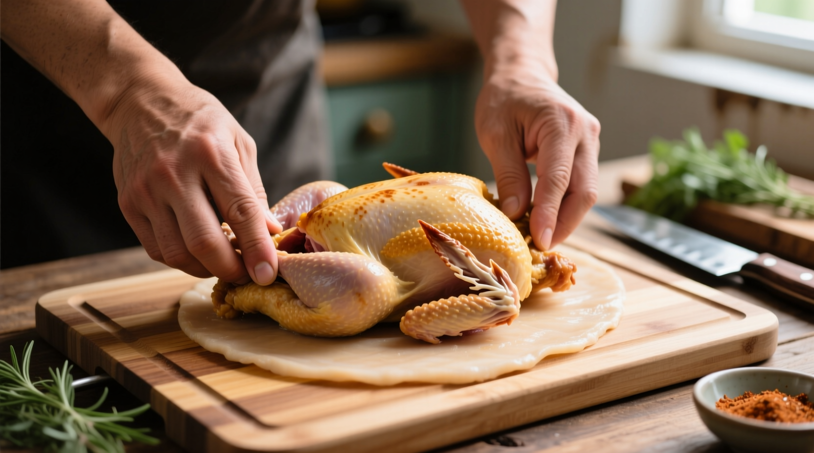 Hands flattening spatchcocked chicken on cutting board