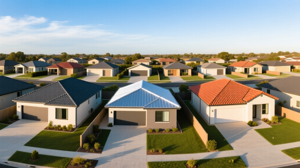 Aerial view of homes showcasing distinct roofing materials including asphalt shingles, standing seam metal, and terracotta clay roof tiles
