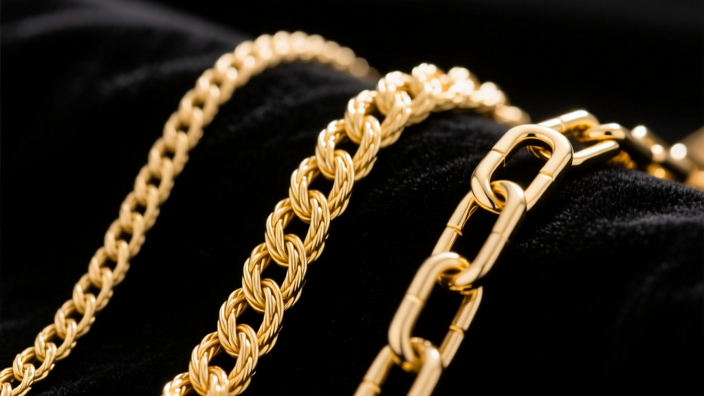 Close-up of three gold chain links side-by-side: a delicate cable, a woven rope, and a structured box chain on dark black velvet.