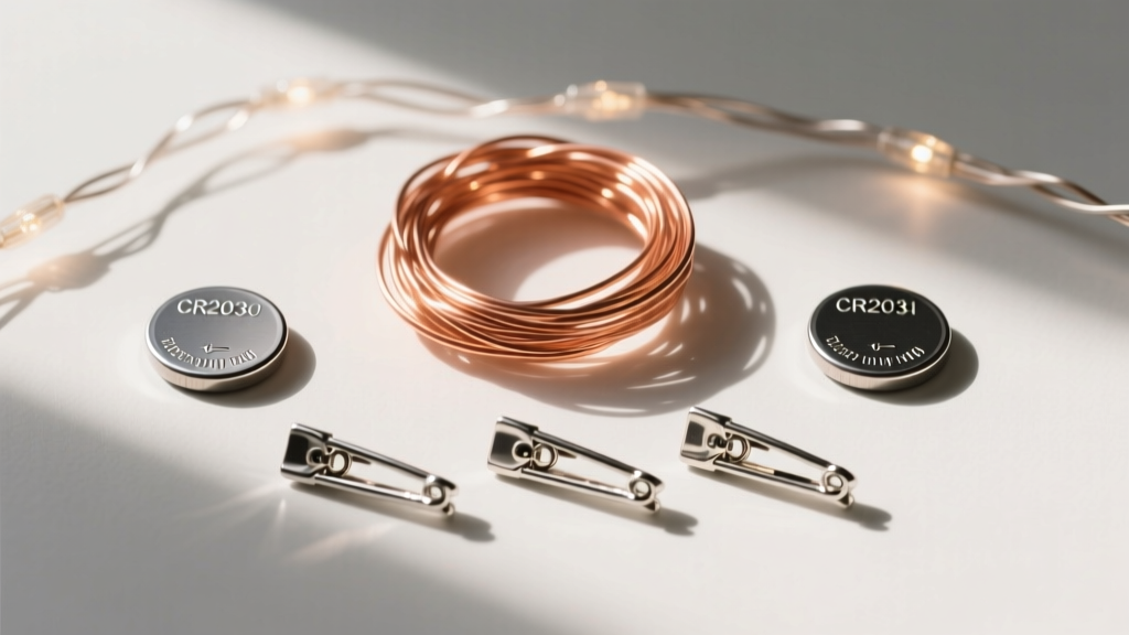 Flat lay of craft supplies including 26-gauge copper fairy lights, two CR2032 coin batteries, and silver magnetic jewelry clasps