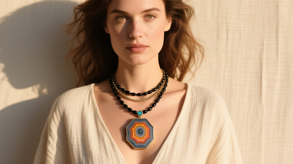 Woman wearing layered 20-inch petoskey stone pendant and 18-inch matte onyx chain against a cream linen top in warm sunlight.