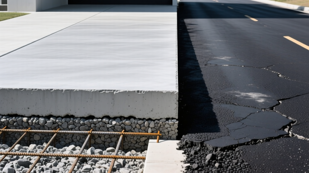 Side-by-side cross-section of a poured concrete driveway and blacktop asphalt road showing aggregate base layers and surface thickness