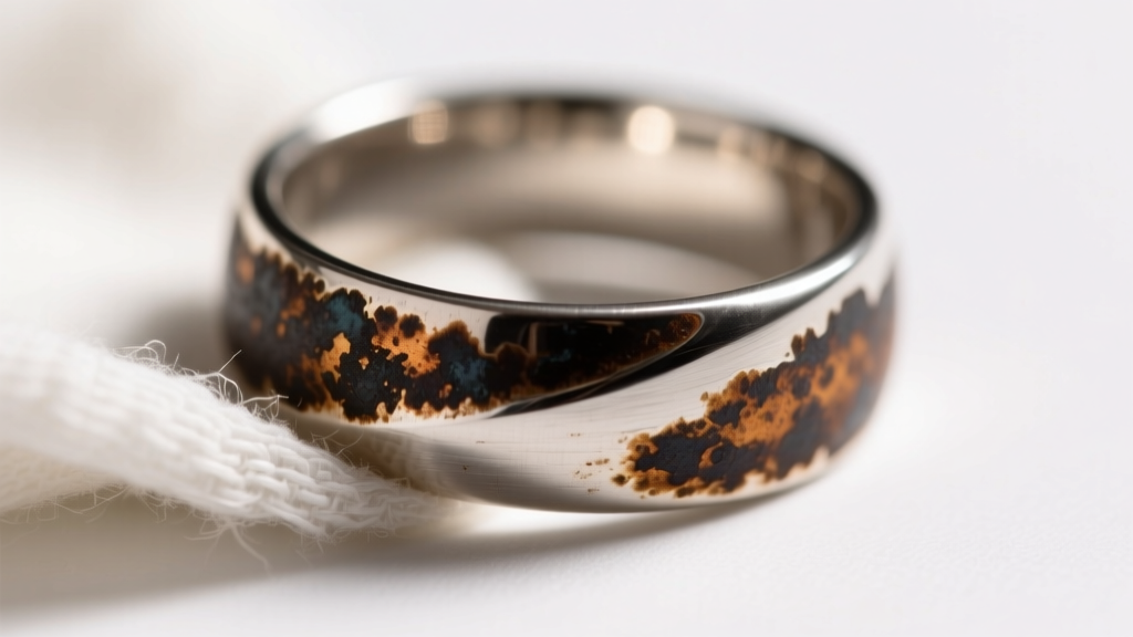 Oxidized sterling silver ring with dark patina wiped with a dry untreated cotton cloth under warm directional studio lighting.