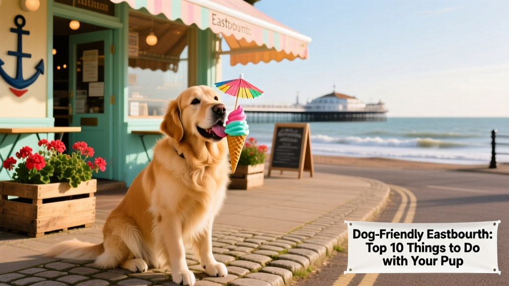 A dog enjoying an ice cream treat outside a colourful seaside café in Eastbourne