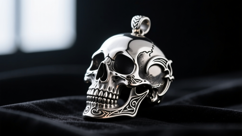 Macro photo of an oxidized sterling silver reaper skull pendant with scythe motifs resting on a dark velvet cosplay backdrop.