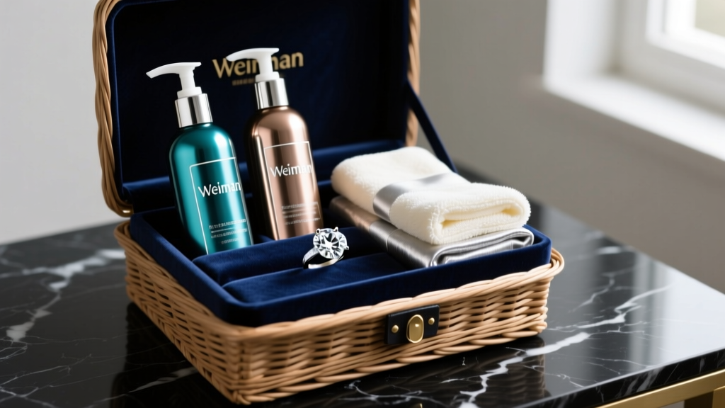 Gift basket on marble holding Weiman cleaner bottles, soft cloths, and a bright diamond ring on dark velvet.