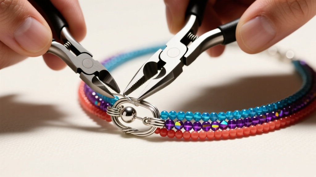 Hands using flat-nose pliers to secure a silver wire guardian and crimp bead on a multi-strand seed beads necklace clasp