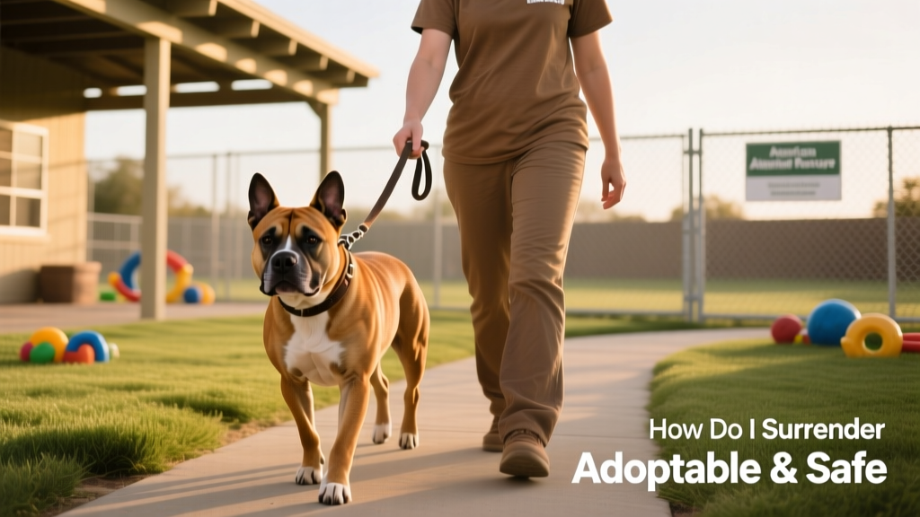 A volunteer walking an American Staffordshire Terrier in a clean, fenced outdoor play area at a rescue facility