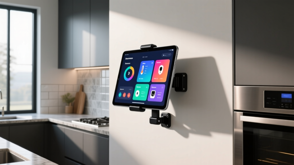 Modern kitchen wall featuring a tablet mounted on a sleek black universal holder displaying a colorful smart home dashboard interface