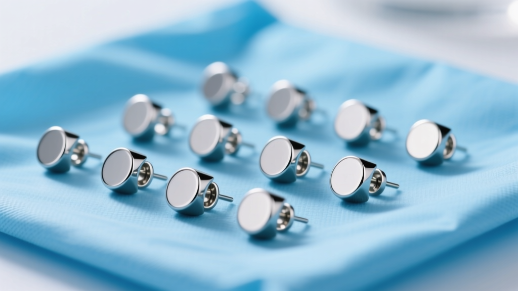 High-resolution shot of 14-gauge implant-grade titanium threadless flat-back earrings laid out on a sterile blue medical drape.