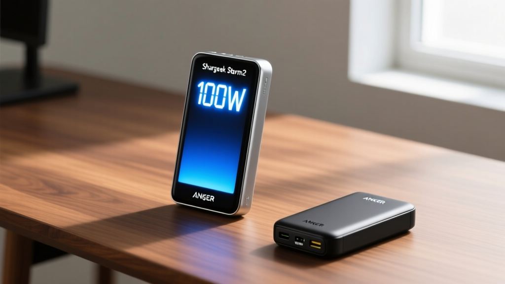 Shargeek Storm2 power bank with illuminated IPS screen showing 100W output next to a basic black Anker 10000mAh bank on a wooden desk