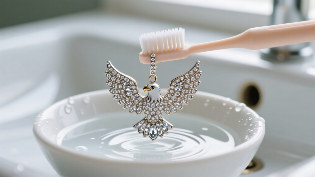 Soft-bristled baby toothbrush gently scrubbing the pavé crystal wings of an eagle earring submerged in a bowl of mild soapy water
