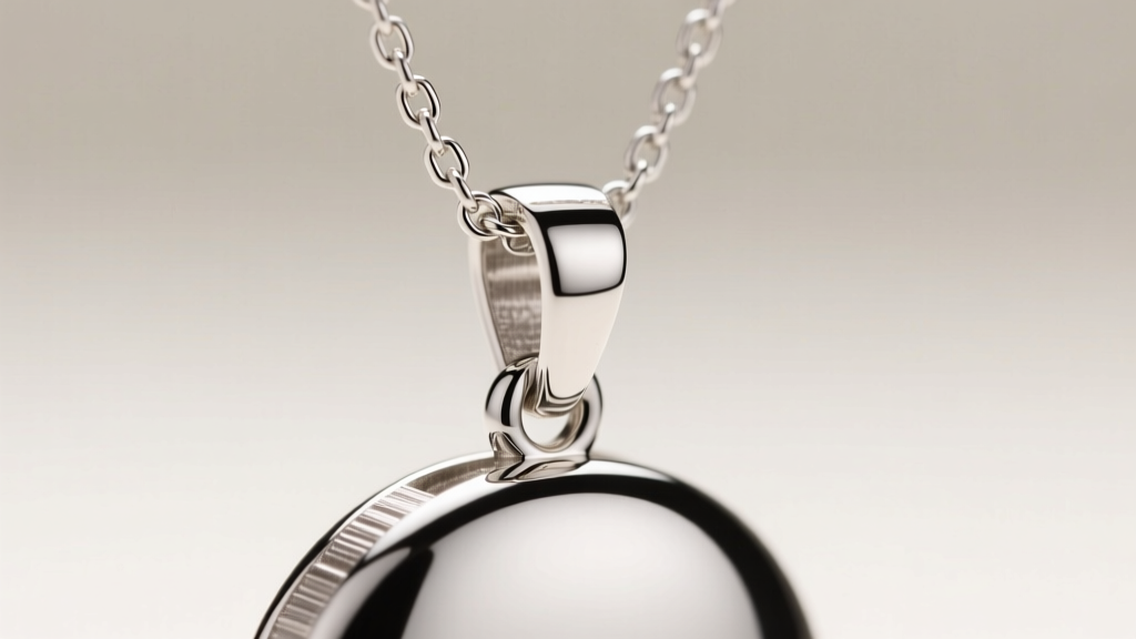Macro view of a heavy pendant hanging from a 1.2mm sterling silver box chain, highlighting the reinforced bail joint.