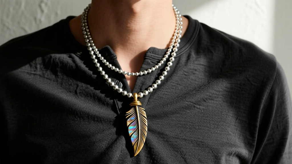 Layered necklace with a central turkey spur pendant and silver beads, worn casually over a nice dark charcoal cotton henley shirt.