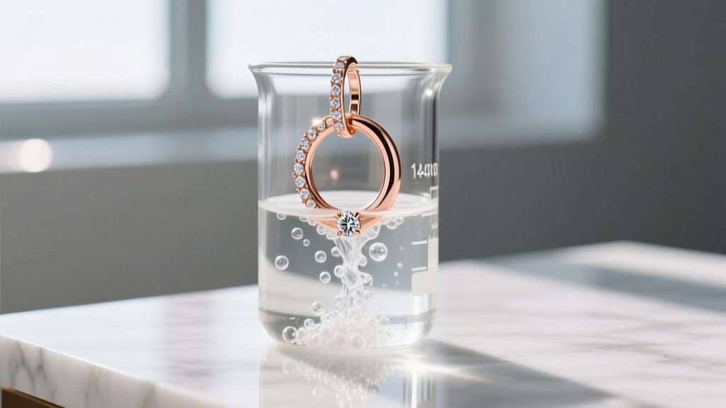 Delicate 14k rose gold diamond huggie hoop submerged in gentle foaming cleaning solution inside a clear glass laboratory beaker.