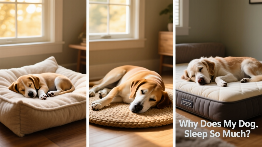 Side-by-side comparison showing a sleepy puppy, a calm adult dog, and a senior dog resting peacefully on different beds