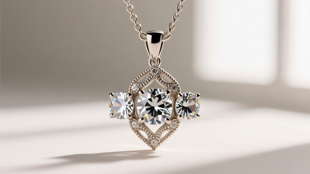 Close-up of a shared-prong setting on a three-stone pendant, revealing precise metalwork securing the lower diamond pavilions.