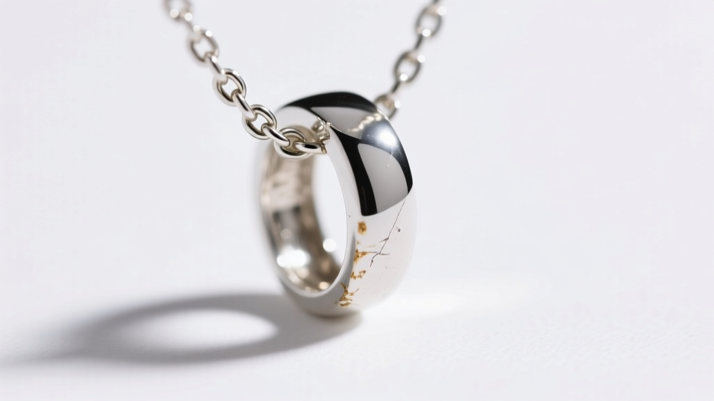 Macro shot of a platinum pendant bail showing wear on a delicate white gold hanging necklace chain under bright studio lighting.