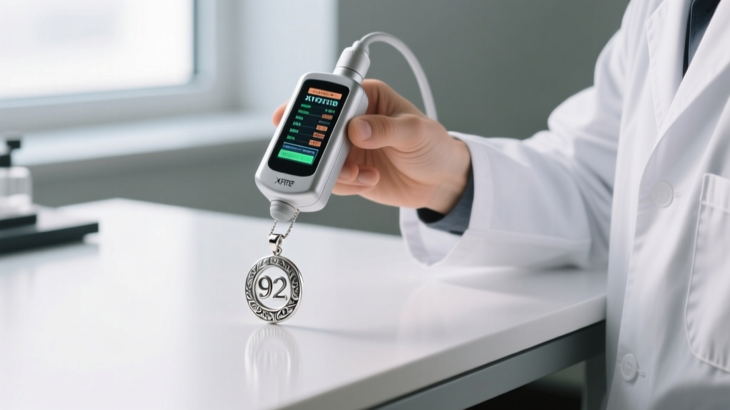 Jeweler using a handheld XRF spectrometer to test the elemental makeup of a 925 silver pendant on a clean white workbench surface.