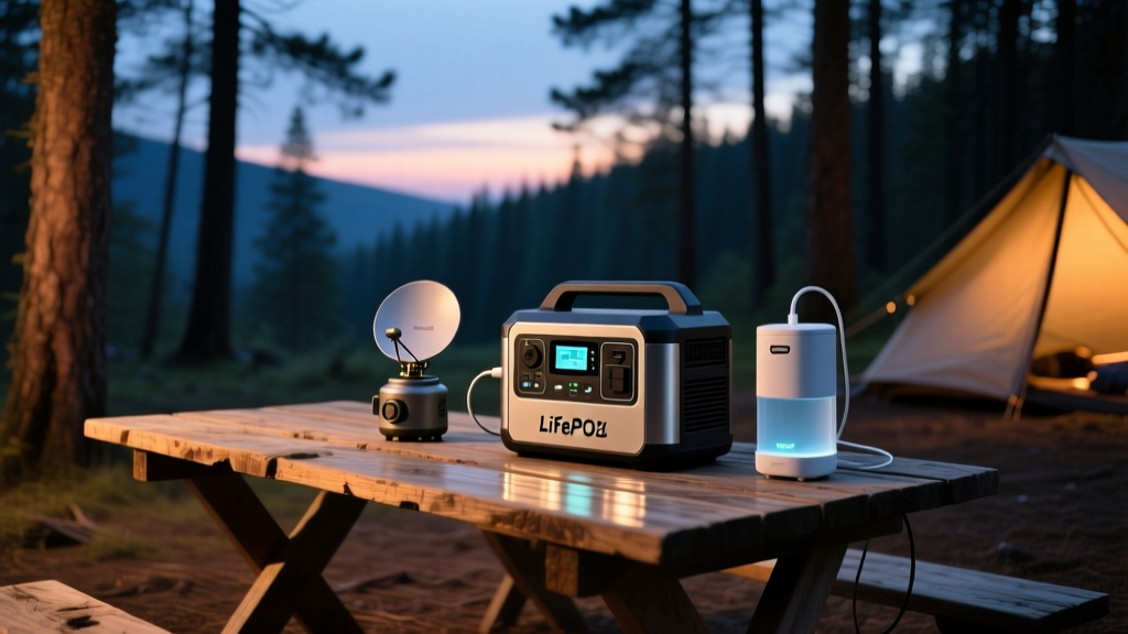 Backcountry campsite at twilight with LiFePO4 power station charging a satellite messenger and UV-C water purifier on a wooden table