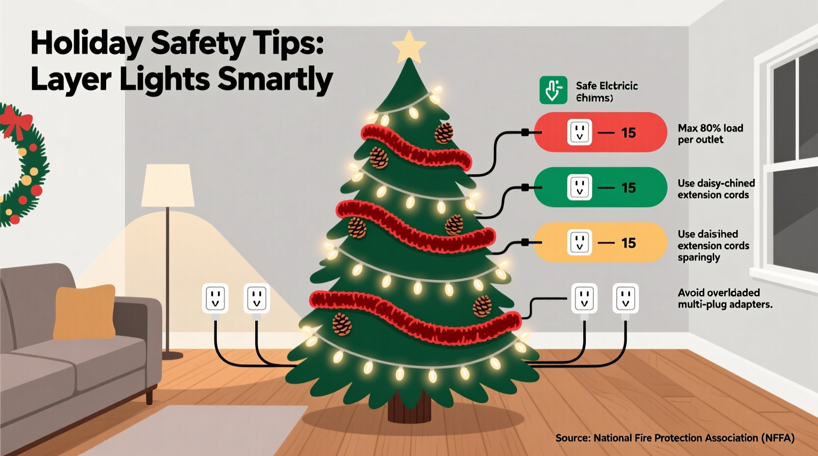 how to layer christmas lights and garlands without overloading outlets