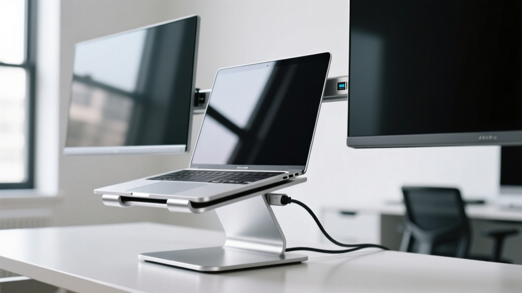 Close-up of an aluminum docking stand elevating a silver laptop while displaying dual monitors connected via hidden rear USB-C cables