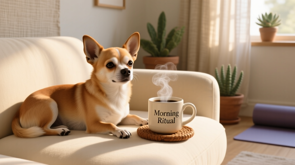 A relaxed Chihuahua resting on a cozy sofa next to a coffee mug