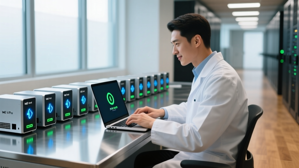 IT technician using a laptop to PXE boot a fleet of Intel NUC 14 Pro compact desktops arranged on a provisioning workbench