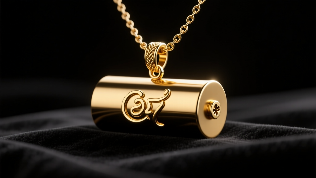 Cylindrical 18k gold taweez necklace pendant on dark velvet, warm lighting highlighting the threaded screw cap and chain bail.