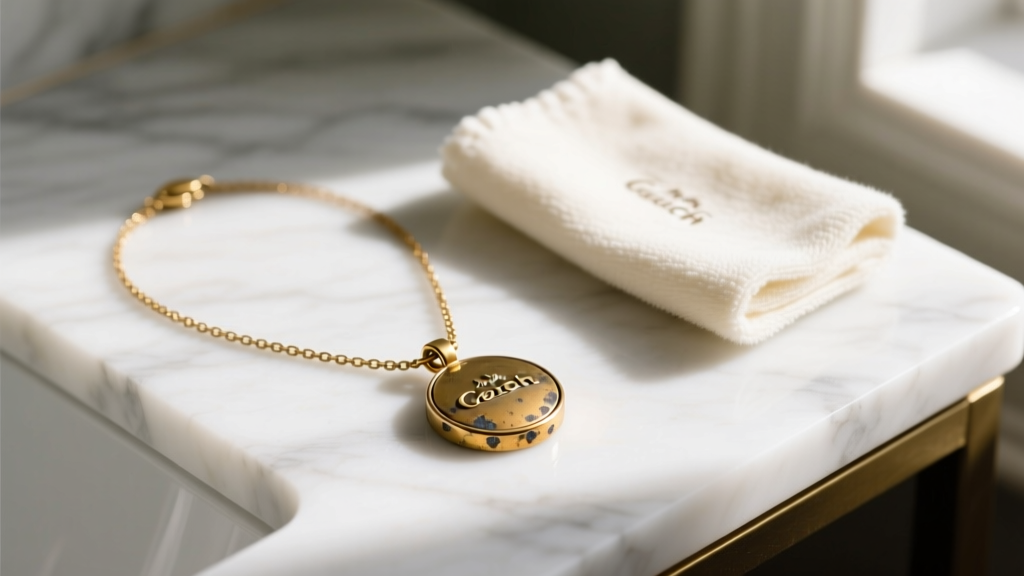 Close-up of a tarnished gold-tone Coach brass pendant necklace resting on a marble vanity next to a soft jewelry polishing cloth