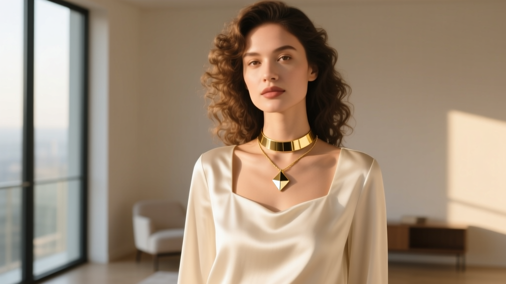 Woman in a silk square-neck blouse wearing a 16-inch gold choker with a geometric pendant, illuminated by soft natural light.