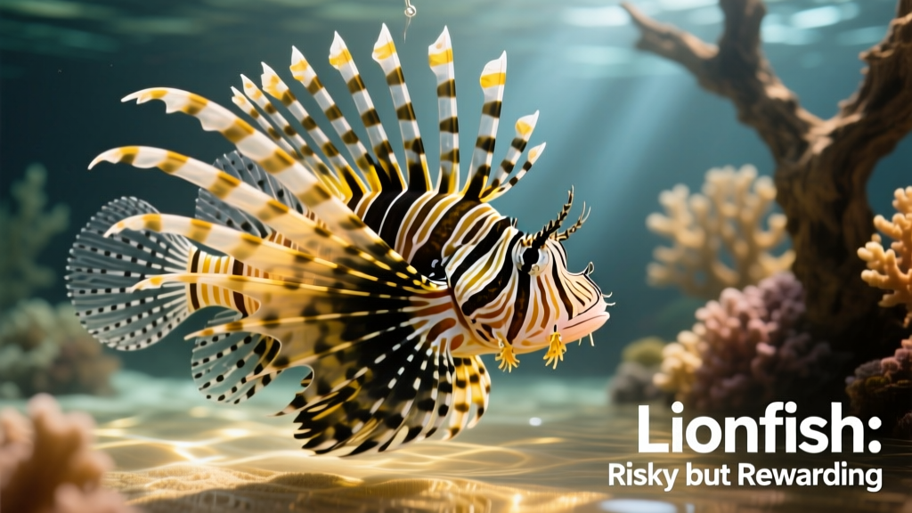 Close-up of a lionfish’s extended dorsal spines, highlighting their needle-like structure and bold banding