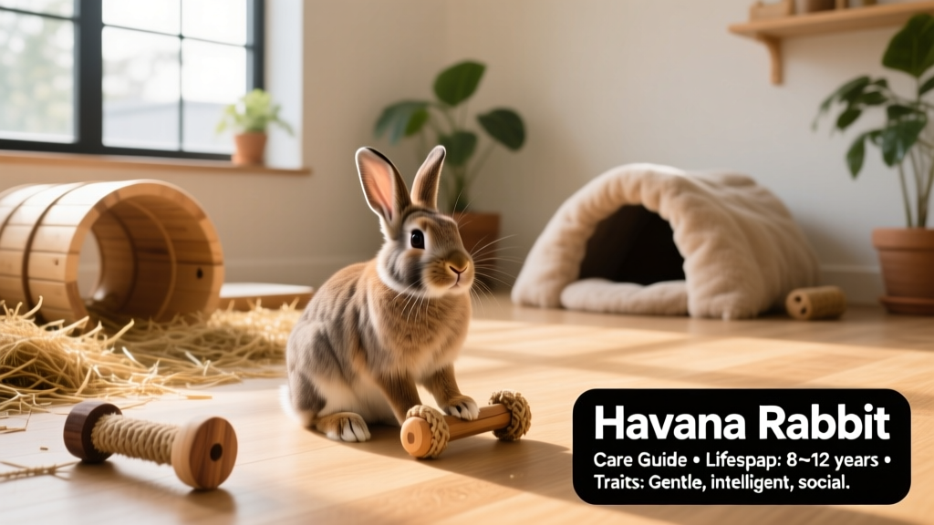 A Havana rabbit comfortably exploring a safe, enriched indoor play area with tunnels, chew toys, and a cozy hideaway