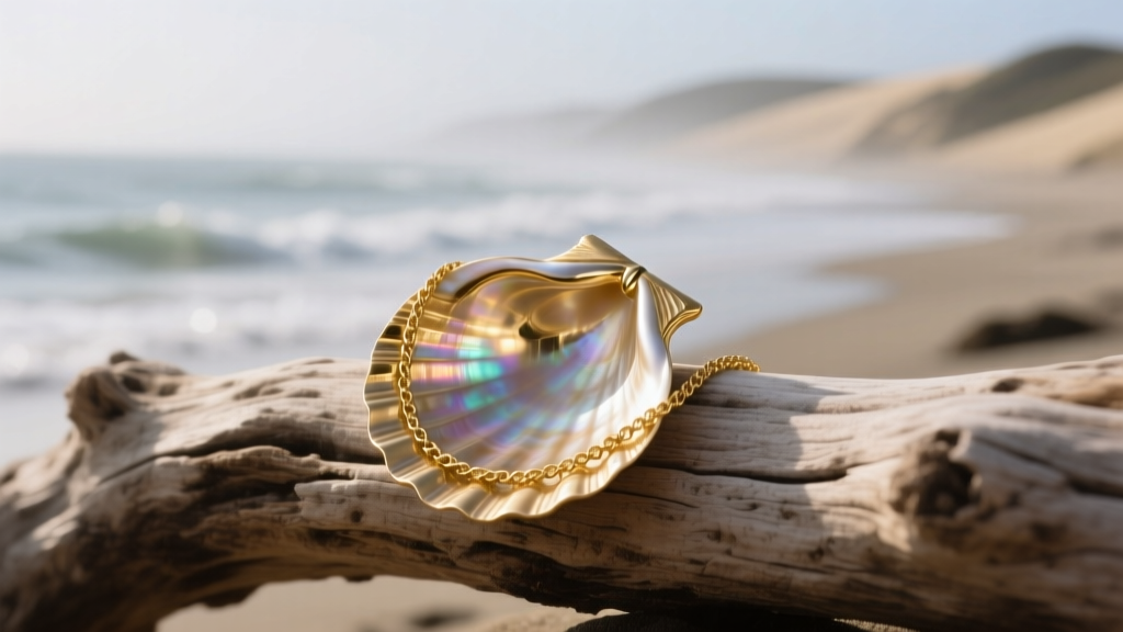 Close-up of a 14k solid gold scallop shell necklace resting on weathered driftwood with soft, natural ocean lighting