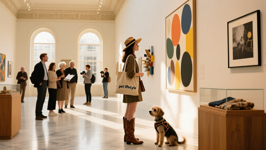 Interior view of a spacious, sunlit museum gallery with diverse visitors admiring artwork