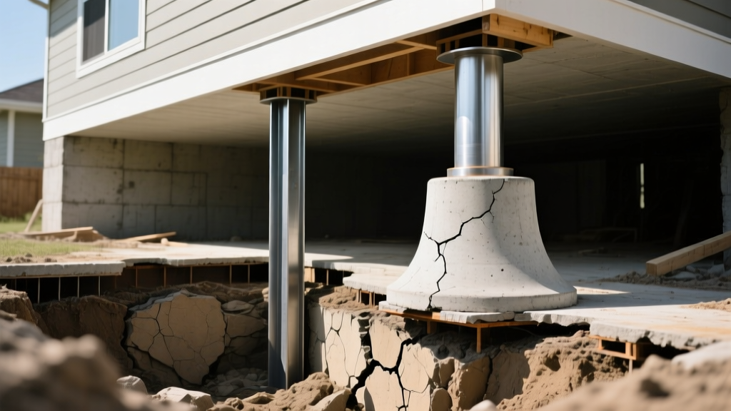 Cross-section showing steel push piers driven to bedrock next to concrete bell-bottom friction piers supporting a cracked house foundation