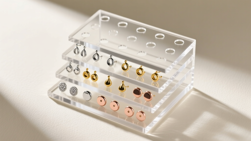 Top view of a stackable jewelry organizer tier, showing 20-gauge earring posts inserted into precise laser-cut clear acrylic holes.