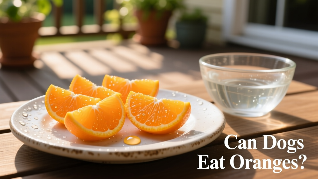 Close-up of peeled orange segments placed on a pet-safe plate beside a water bowl