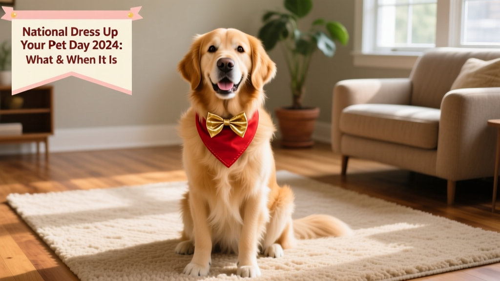 A golden retriever wearing a festive bandana and bowtie, sitting proudly on a living room rug
