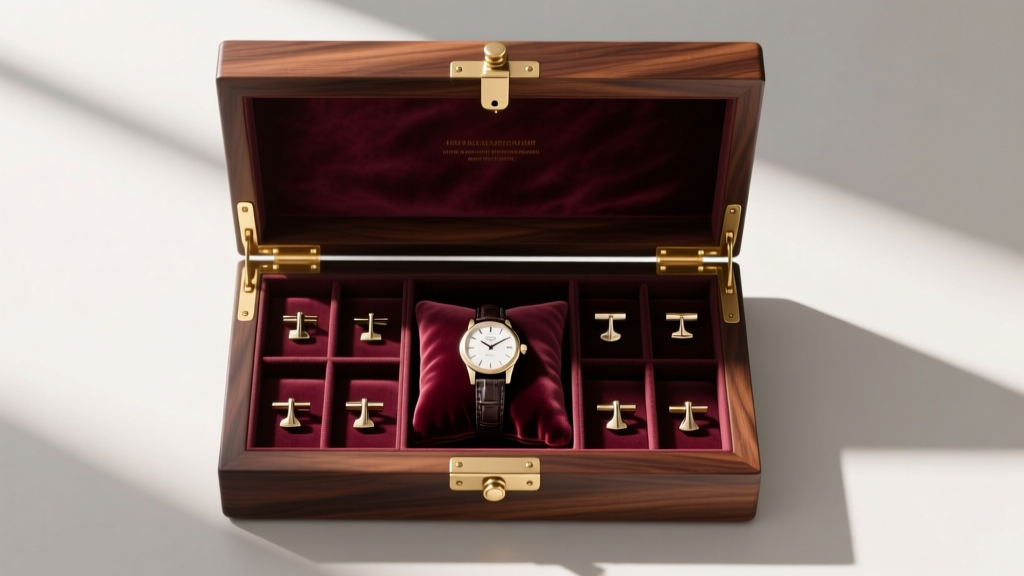 Top-down view of an open dark walnut mens wooden jewelry box with brass hinges, a watch cushion, and compartments for cufflinks.