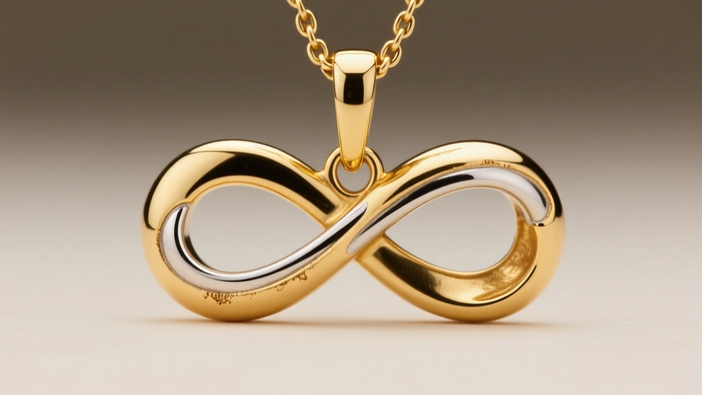 Side view of an 18k gold vermeil infinity cross pendant, showing slight edge wear where the sterling silver base metal is visible.