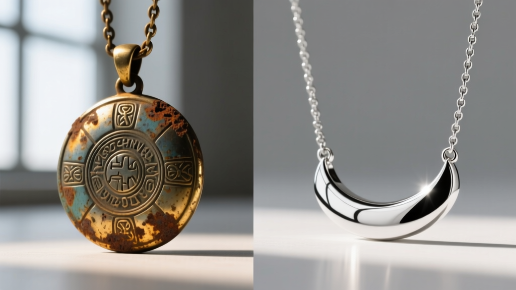 Split view of a heavily tarnished sports pendant on the left and a polished, gleaming rhodium-plated silver necklace on the right.