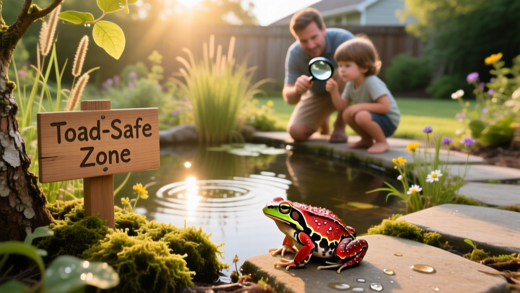 A family-friendly backyard with a small pond, bordered by native plants and subtle signage reading 'Toad-Safe Zone' — illustrating proactive habitat management