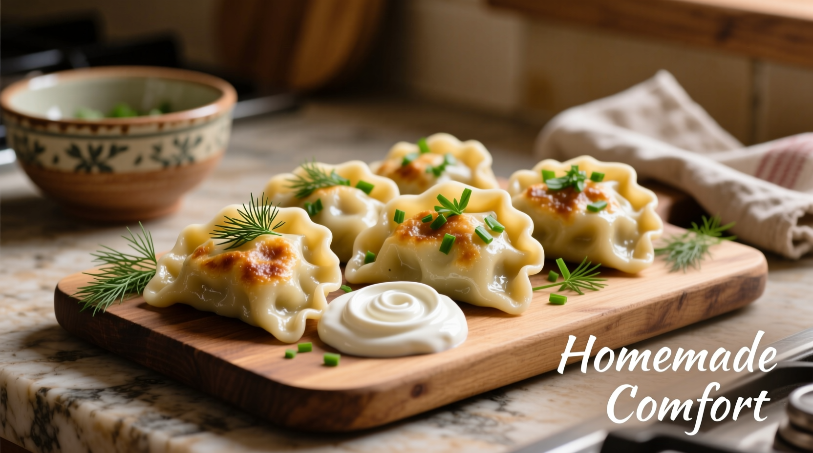 Homemade potato dumplings with herbs and sour cream
