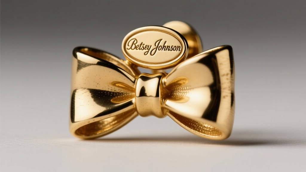 Macro photography of vintage gold-tone bow earring back showing stamped Betsey Johnson oval cartouche hallmark clearly in focus.