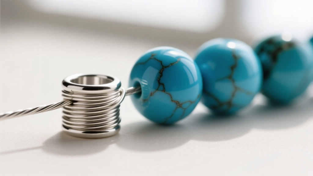 Macro shot of steel beading wire passing through a 2mm sterling silver crimp tube next to polished round turquoise beads.