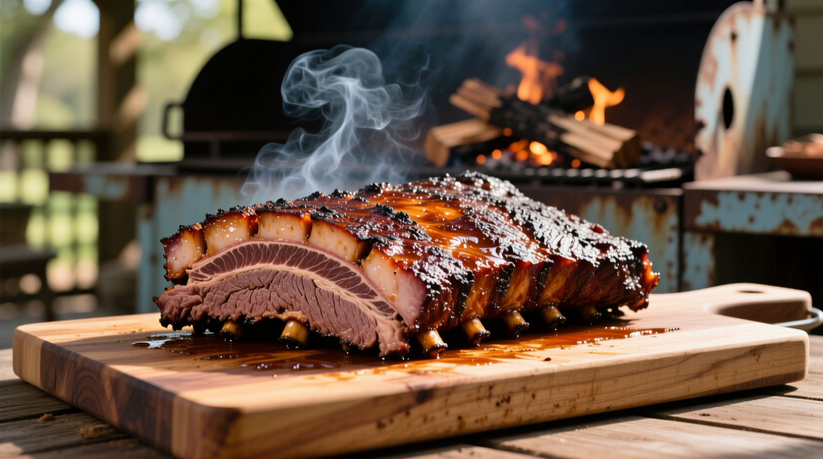 Perfectly smoked brisket with mahogany bark and smoke ring