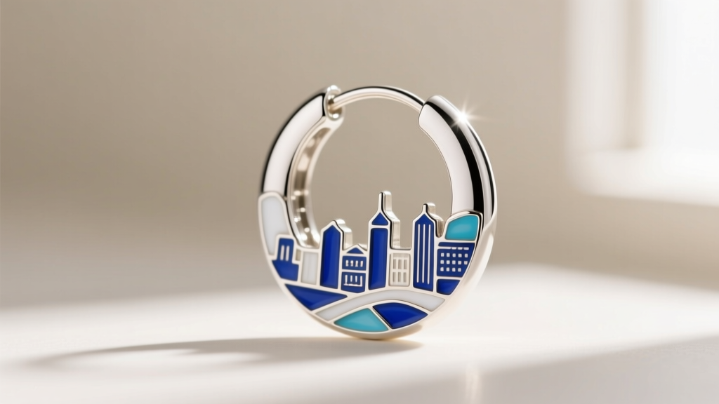 Macro shot of sterling silver huggie hoop with dangling cloisonné enamel city map charm showing vibrant blue and white glass.