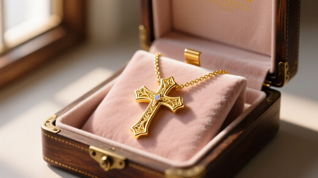 14k yellow gold cross necklace resting on blush velvet inside an open jewelry box, softly lit by warm natural window light