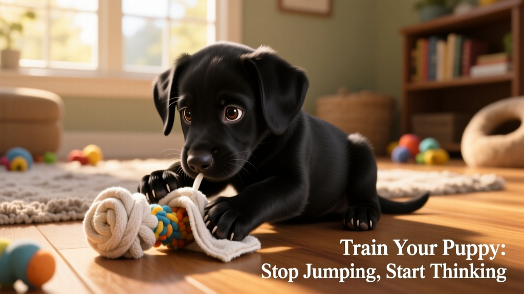 Black puppy unraveling a favorite toy rolled inside a knotted towel as a mental puzzle